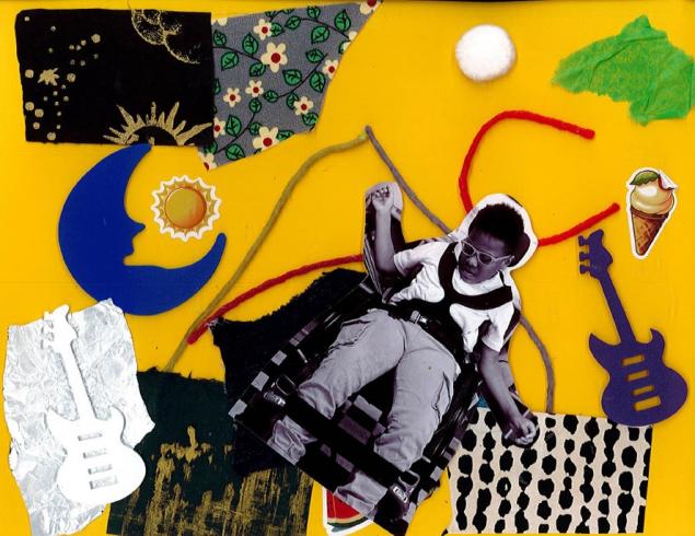 Yellow paper with a photo of a child and collaged materials.