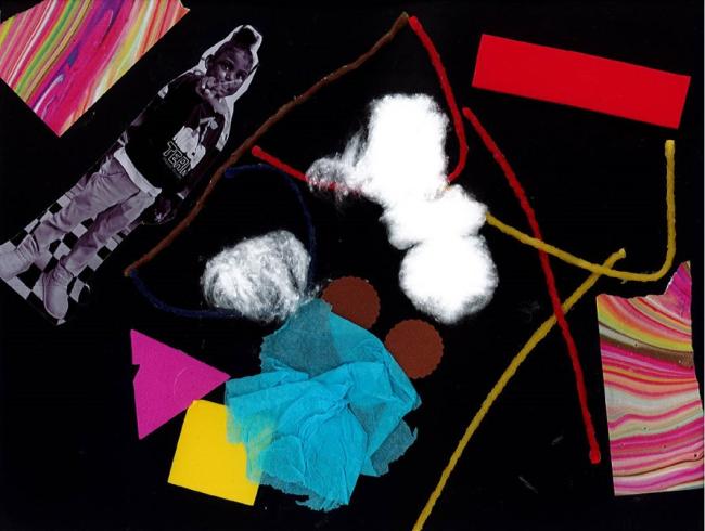 Black paper with a photo of a child and collaged materials.