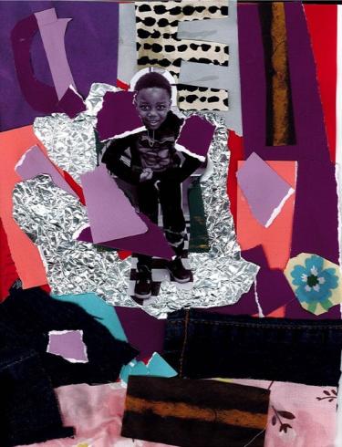 Paper with a photo of a child and collaged materials.