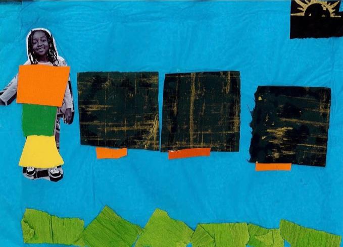 Blue paper with a photo of a child and collaged materials.