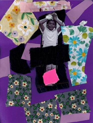 Purple paper with a photo of a child and collaged materials.