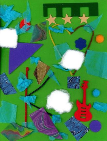 Green paper with collaged materials.