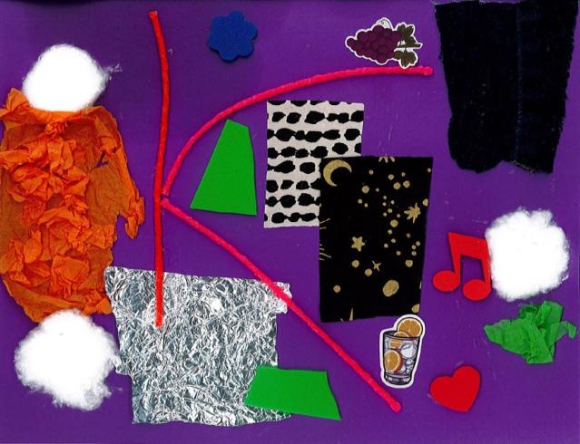 Purple paper with collaged materials.