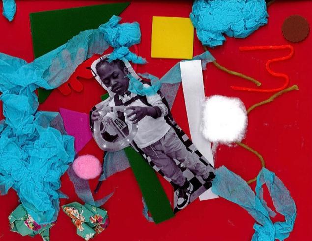 Red paper with a photo of a child and collaged materials.