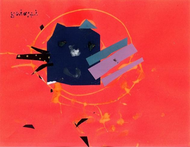 Red paper with collaged pieces in the shape of a cat.