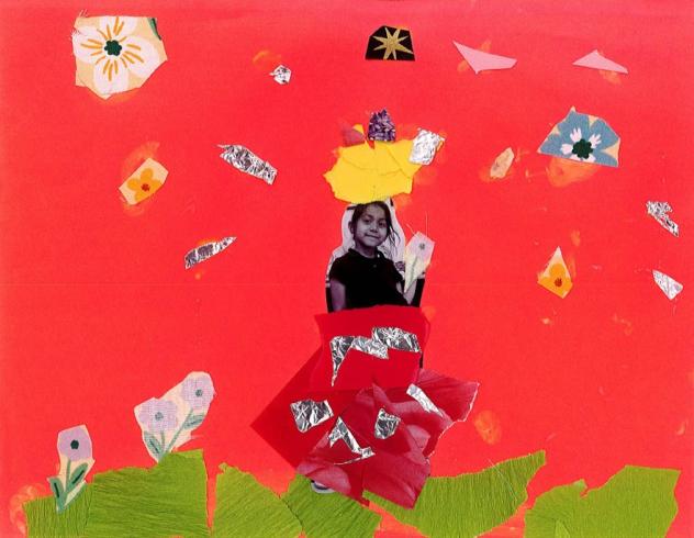 Red paper with a photo of a child and collaged materials.