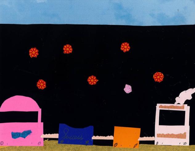 Paper collage with orange flowers in the sky and different color boxes.