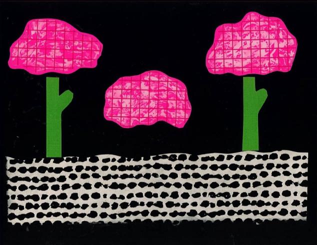 Paper collage of pink, lined trees.