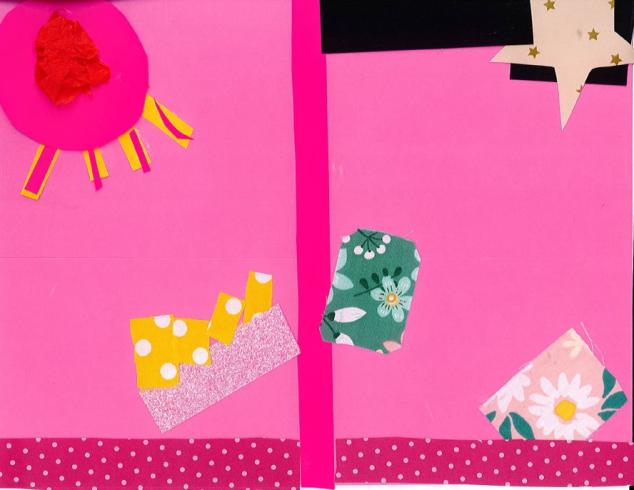 Paper collage with a pink sun and flowers beneath.