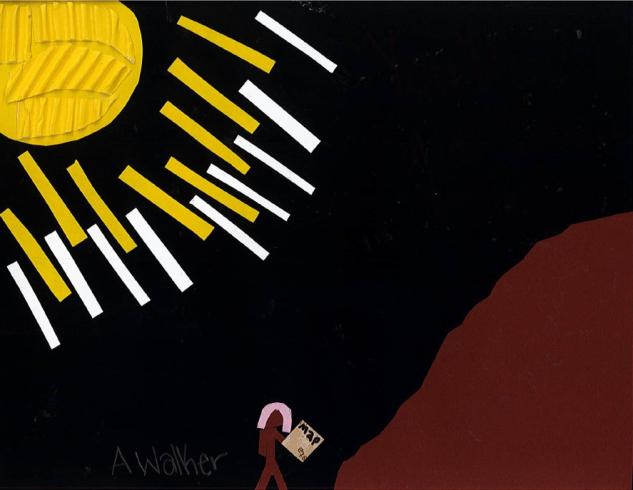 Paper collage of a large sun with a person walking with a map beneath.