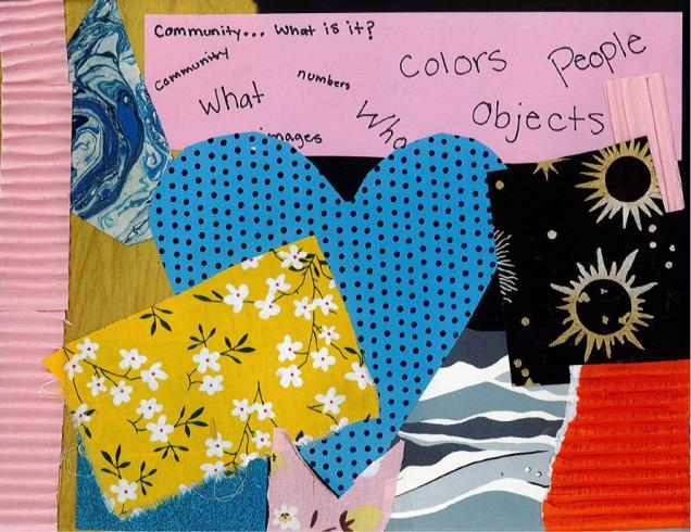 Paper collage with a large blue heart and words surrounding above.