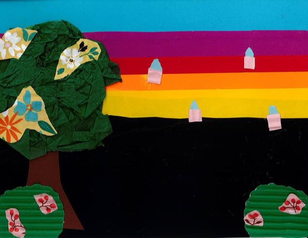 Paper collage of a tree and bushes with flowers.