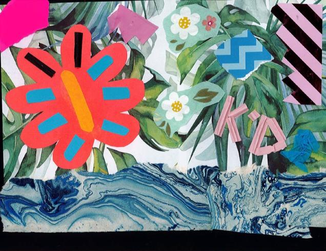 Paper collage with a red butterfly among flowers.