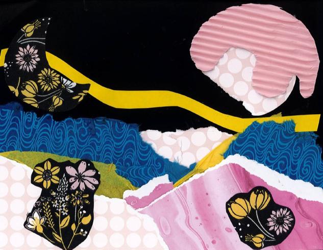 Paper collage with flowers and a yellow line through.