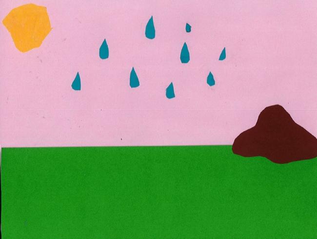 Paper collage of a sun, rain, and mountain.