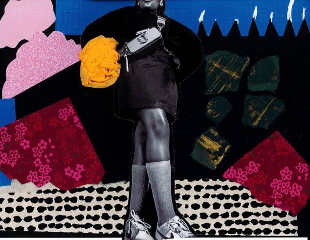 Paper collage of a girl standing with her hands on hips.