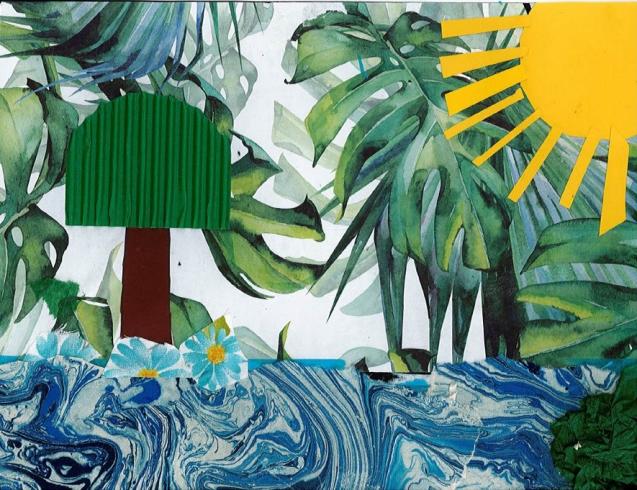 Paper collage of a forest under the sun.