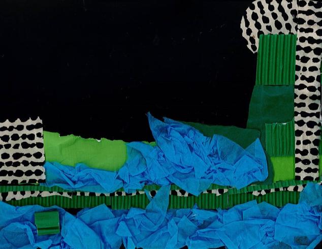 Paper collage of a water scene made of tissue paper.