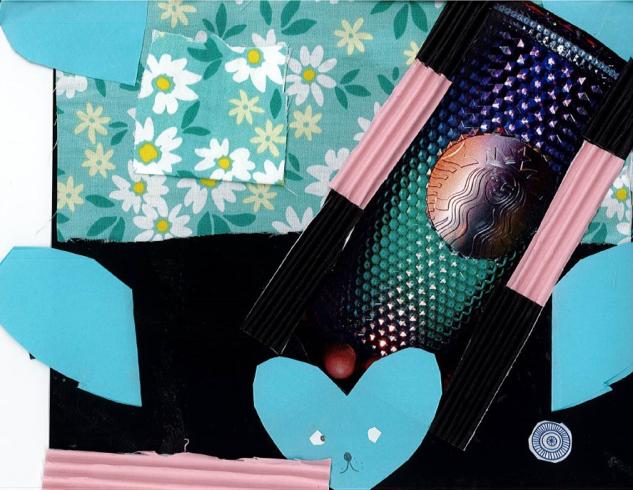 Paper collage of a Starbucks cup among hearts and flowers.