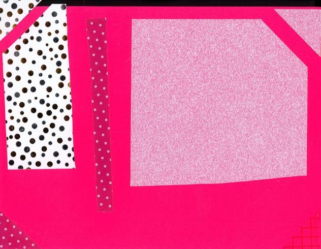 Paper collage with various pinks and dotted squares.
