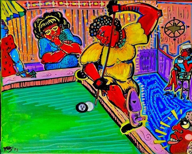 Colorful abstract painting of people playing pool