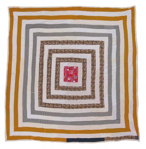 A square quilt made with concentric yellow and white squares with a pink square in the middle