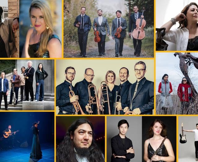 Collage of musicians featured in the 2025–26 Phillips Music Sunday Concert series. The image includes a diverse group of soloists and ensembles, captured in various performance and portrait settings.