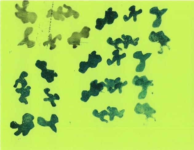 Dark green pattern stamped on light green paper.