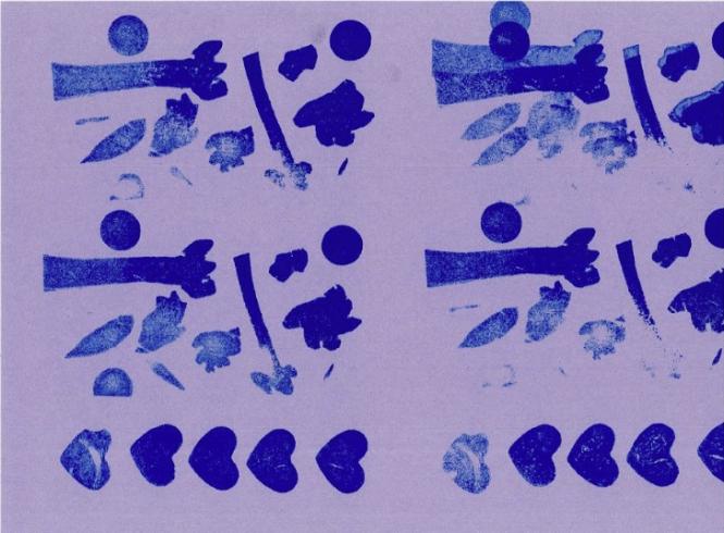 Blue pattern stamped on light purple paper.