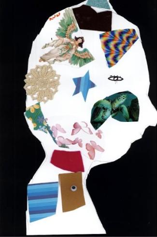 Silhouette of a child filled with magazine images and patterns.