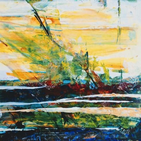 Painting of layers of abstract shapes and colors