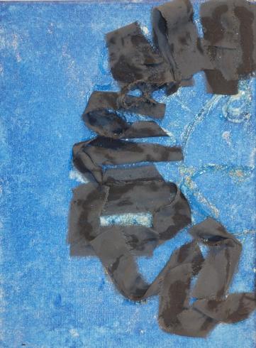 Painted canvas with fabric swirling down in a half circle.