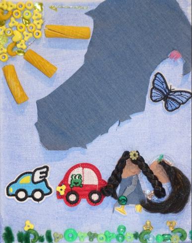 A yellow sun above two cars and a person walking.