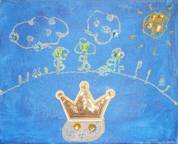 Painted canvas with a sun, trees, and a face with a gold crown.