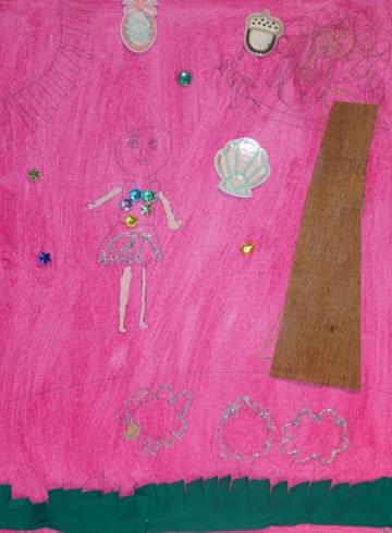 Pink painted canvas with a person next to a sun and tree.