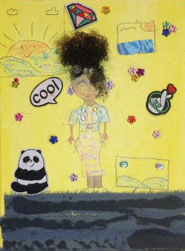 Yellow painted canvas with a person saying, "Cool".