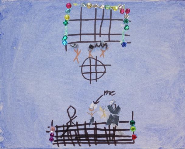 Blue painted canvas with stick figures playing soccer.