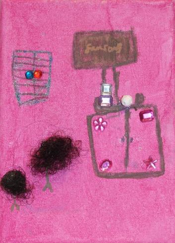 Pink painted canvas with sticker gems and stick figures.