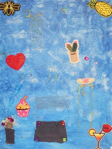 Blue painted canvas with various stickers and gems.