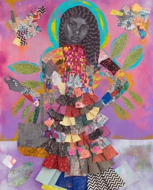 A person with a colorful dress on, made of different fabrics.