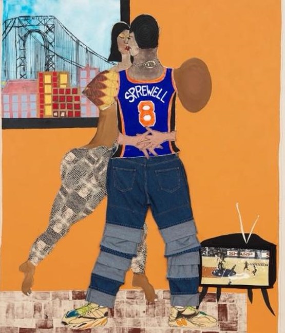 Two people kissing in a room with the scene of a bridge out the window.