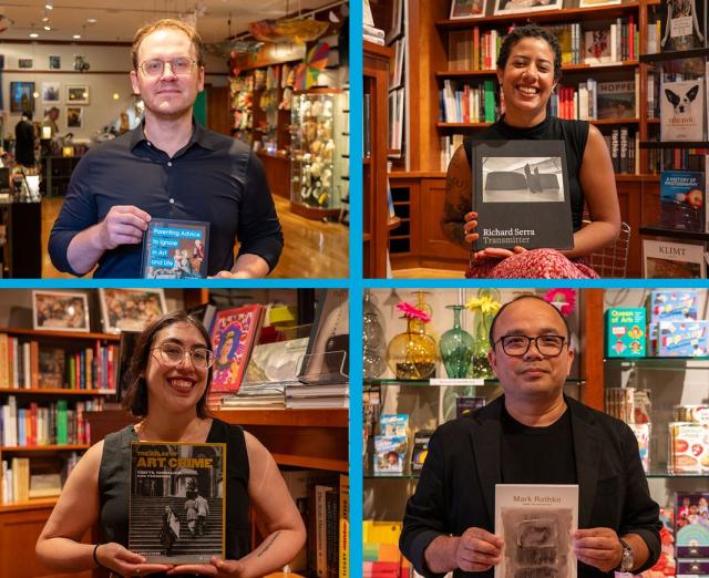 Collage of four Phillips staff members holding up books in the shop