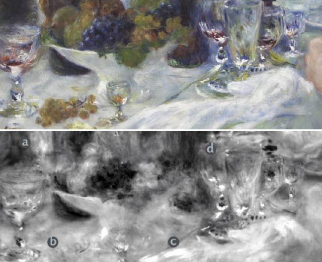 Raking light (left) and infrared (right) details of the table setting