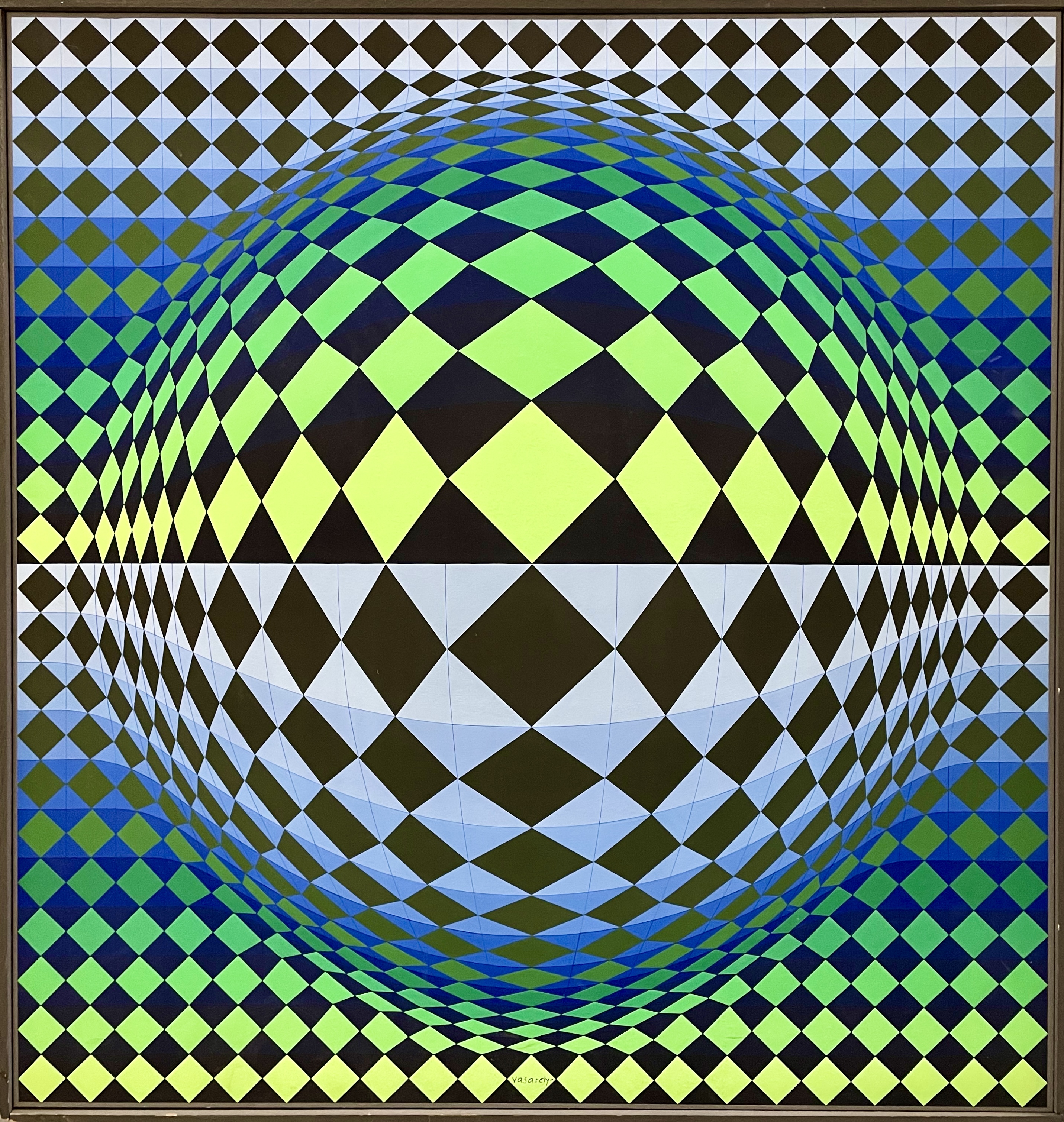 Optical artwork with geometric shapes in greens, blues, black, and white