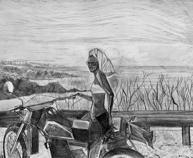 Pastel drawing of a woman on a motorbike by the beach