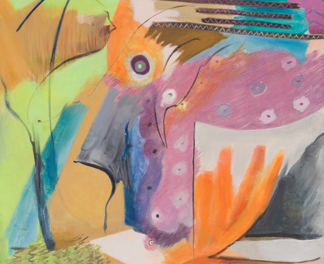 Abstract painting with pastel colors and various shapes and marks