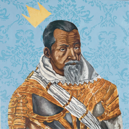 Painting of a king in regalia with blue pattered background