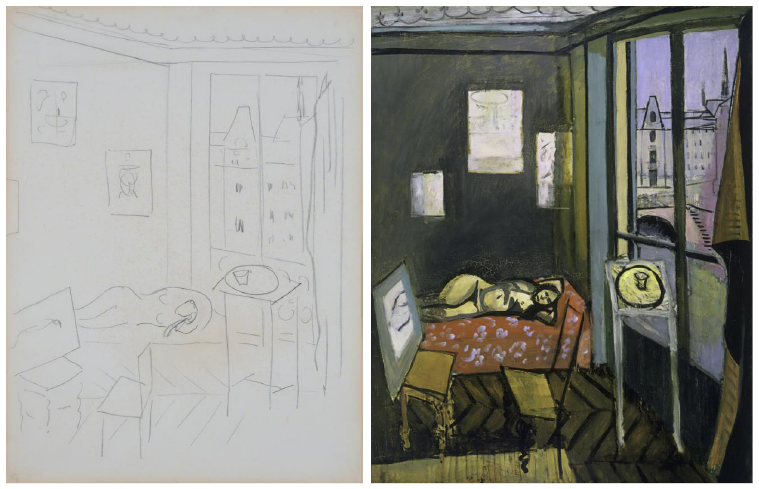 Side by side of Matisse sketch on left and final painting on right