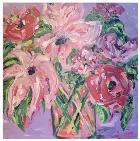 Painting of large pink, red, and purple flowers in a vase