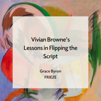 Vivian Browne, Bini Apron, 1973, Acrylic on canvas, 49 3/4 x 51 3/4 in., The Phillips Collection, Washington, DC, Gift of Adobe Krow Archives for Vivian Browne, Los Angeles. Image courtesy of RYAN LEE Gallery, New York, 2024. © Vivian Browne; text overlay reads "Vivian Browne's Lessons in Flipping the Script, Grace Byron, Frieze"